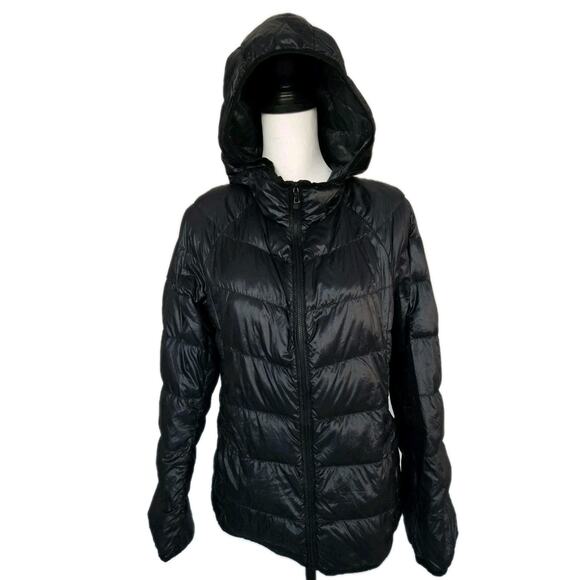 Uniqlo Ultra Light Down Puffer Hooded Full Zip Coat Jacket Black Womens Sz M - Picture 1 of 12